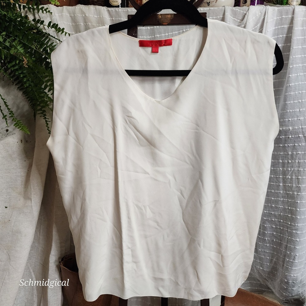 Shamask Cream White 100% Silk V-Neck Sleeveless Blouse Top Made in USA Size 1